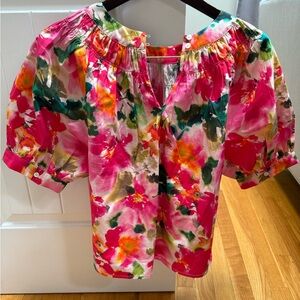 J. Crew Pink and Red Puff Sleeve Ruffled Blouse